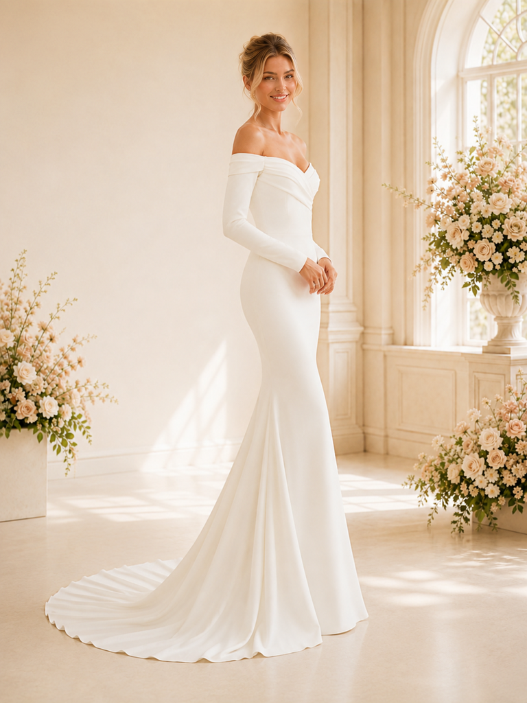 ChicSew Sexy Off Shoulder Ruching Long Sleeves Mermaid Crepe Long Wedding Dress