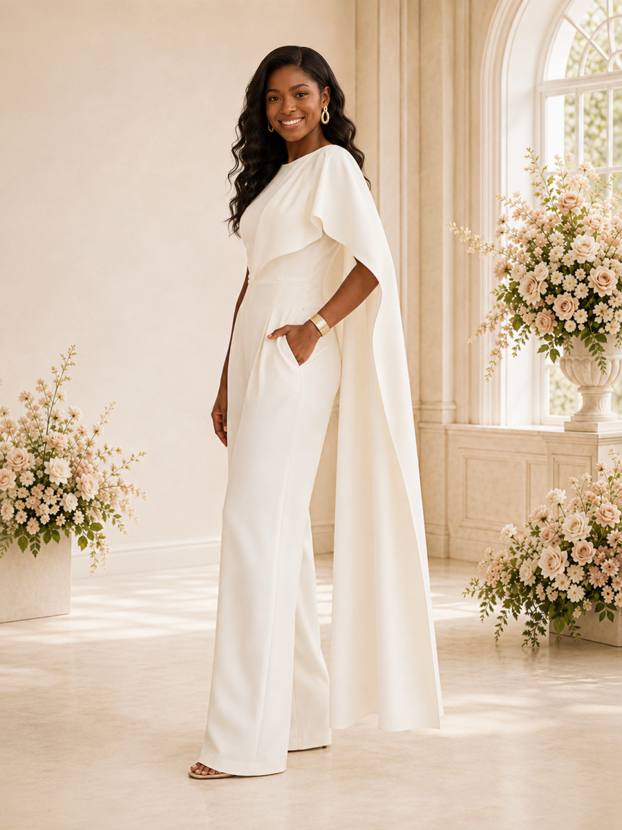 ChicSew Elegant Unique Cape Sleeve Floor-Length Wedding Jumpsuit With Pocket