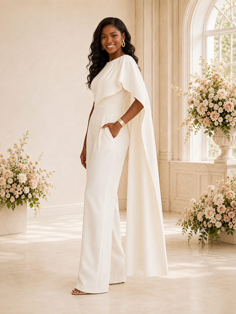 ChicSew Elegant Unique Cape Sleeve Floor-Length Wedding Jumpsuit With Pocket