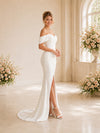 ChicSew Classic Off Shoulder V-Neck Ruching Side Slit Satin Mermaid Floor-Length Wedding Dresses