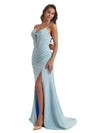 Elegant Mermaid Boning Side Slit Crepe Long Bridesmaid Dress For Wedding Spaghetti Straps