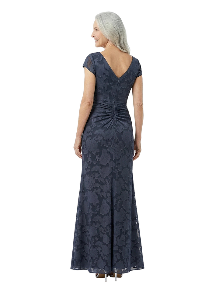 Chicsew Elegant V-Neck Short Sleeves Side Silt Floral Burnout Chiffon Mermaid Formal Evening Dresses