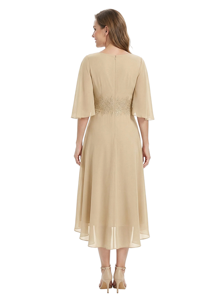 ChicSew Cape Sleeves V-Neck Lace Appliques Knee-Length Chiffon A-Line Mother Of The Groom Dress