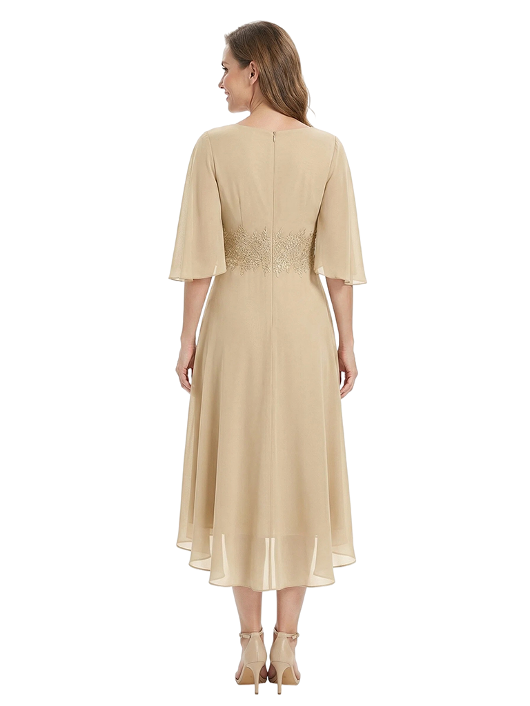 ChicSew Cape Sleeves V-Neck Lace Appliques Knee-Length Chiffon A-Line Mother Of The Groom Dress