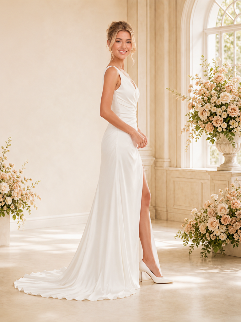 ChicSew Sexy Ruched V-Neck Mermaid Sleeveless Floor-Length Wedding Dress With Side Slit