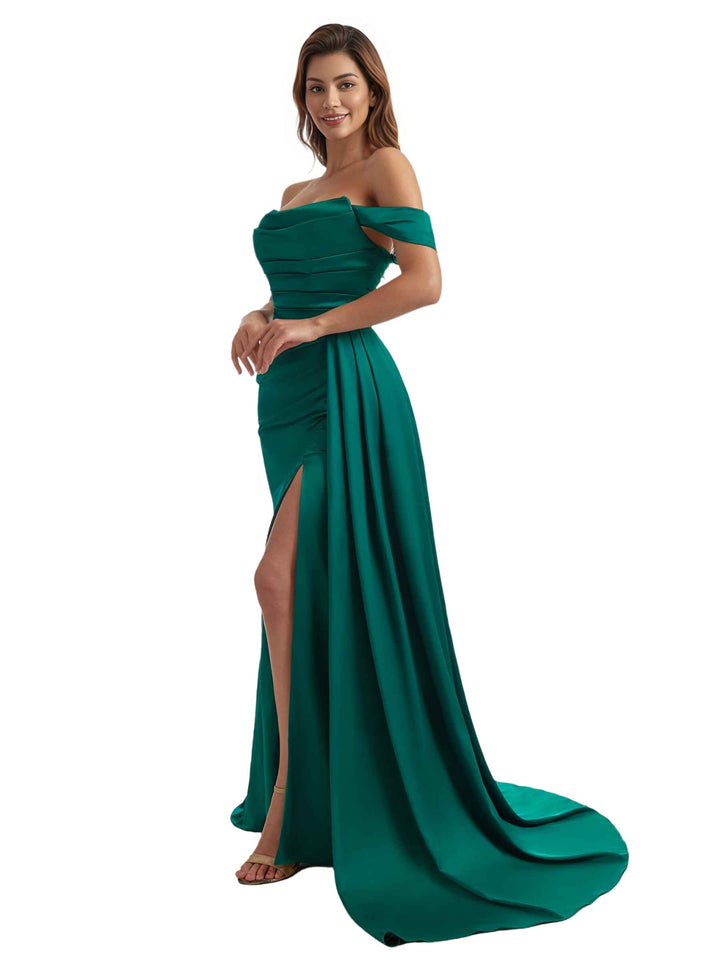Sexy Off The Shoulder Side Split Mermaid Ruched Satin Pretty Long Bridesmaid Dresses