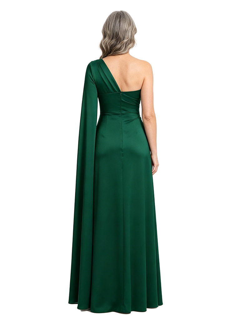 ChicSew One Shoulder Cape Sleeve Ruched Sheath Satin Long Mother Of The Groom Gowns Elegant Modern