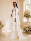 ChicSew Modern Unique Deep V-Neck Crepe Floor-Length Wedding Jumpsuit With Cape Sleeves