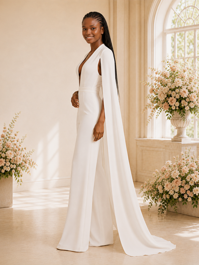 ChicSew Modern Unique Deep V-Neck Crepe Floor-Length Wedding Jumpsuit With Cape Sleeves