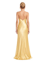 Chicsew Sexy Spaghetti Straps Deep V-Neck Satin Unique Long Mermaid Bridesmaid Dresses