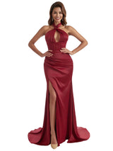 Elegant Halter Mermaid Ruched Satin Boho Chic Long Bridesmaid Dresses Slit