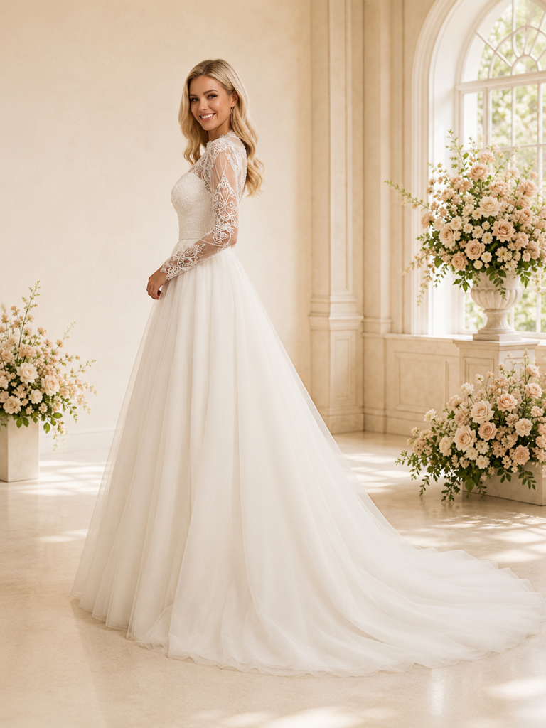 ChicSew Elegant Classy V-Neck Long Sleeves A-Line Lace Tulle Floor-Length Wedding Dress With Applique