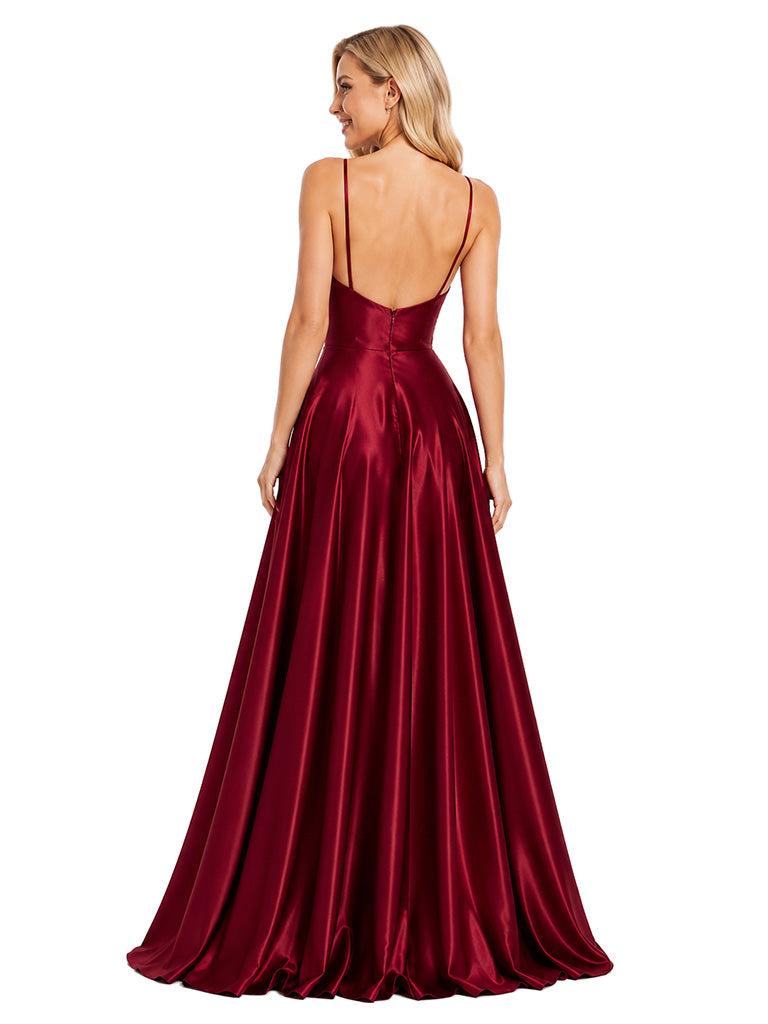 ChicSew Spaghetti Straps V-Neck Open Back Soft Satin A-Line Sexy Long Bridesmaid Dress