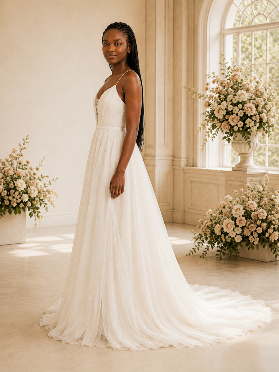 ChicSew Fancy Spaghetti Straps V-Neck Chiffon A-Line Maxi Wedding Dress With Side Slit