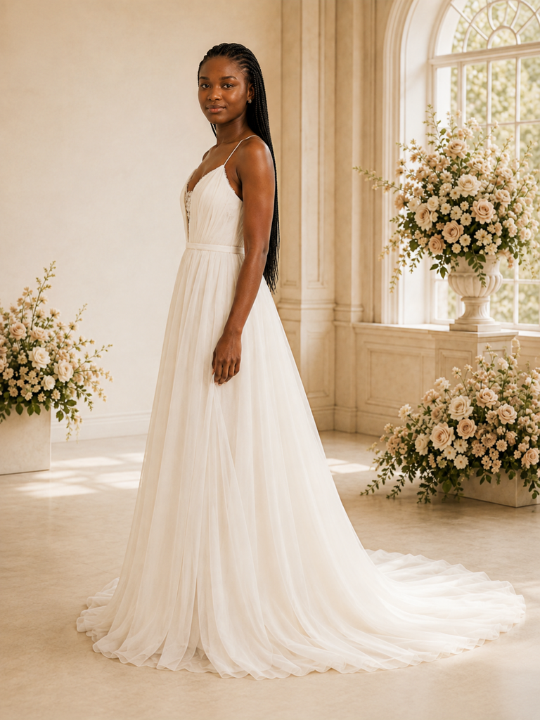 ChicSew Fancy Spaghetti Straps V-Neck Chiffon A-Line Maxi Wedding Dress With Side Slit