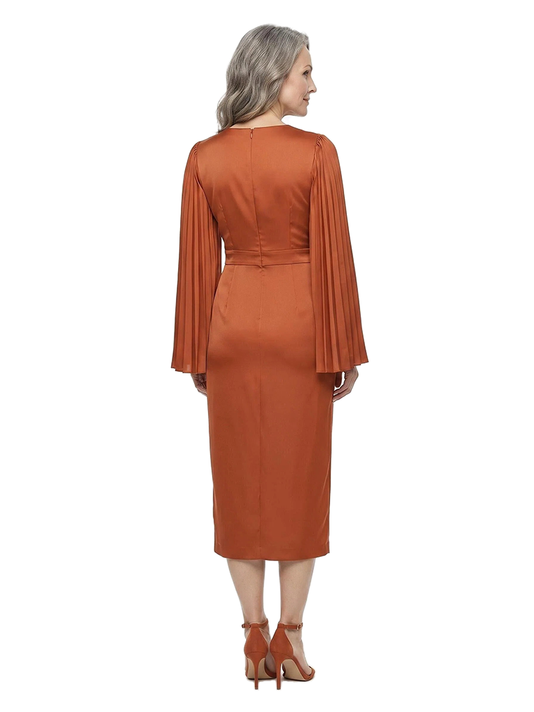 ChicSew Stunning Pleated Cape Sleeve Mother Of The Bride Dresses V-Neck Satin Fitted Midi Gown