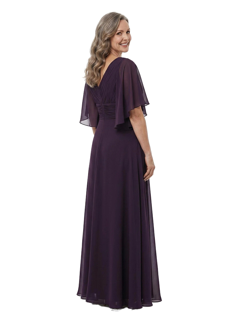 ChicSew V-Neck Flutter Sleeve Beaded Chiffon Floor Length A-Line Mother of the Bride Dress