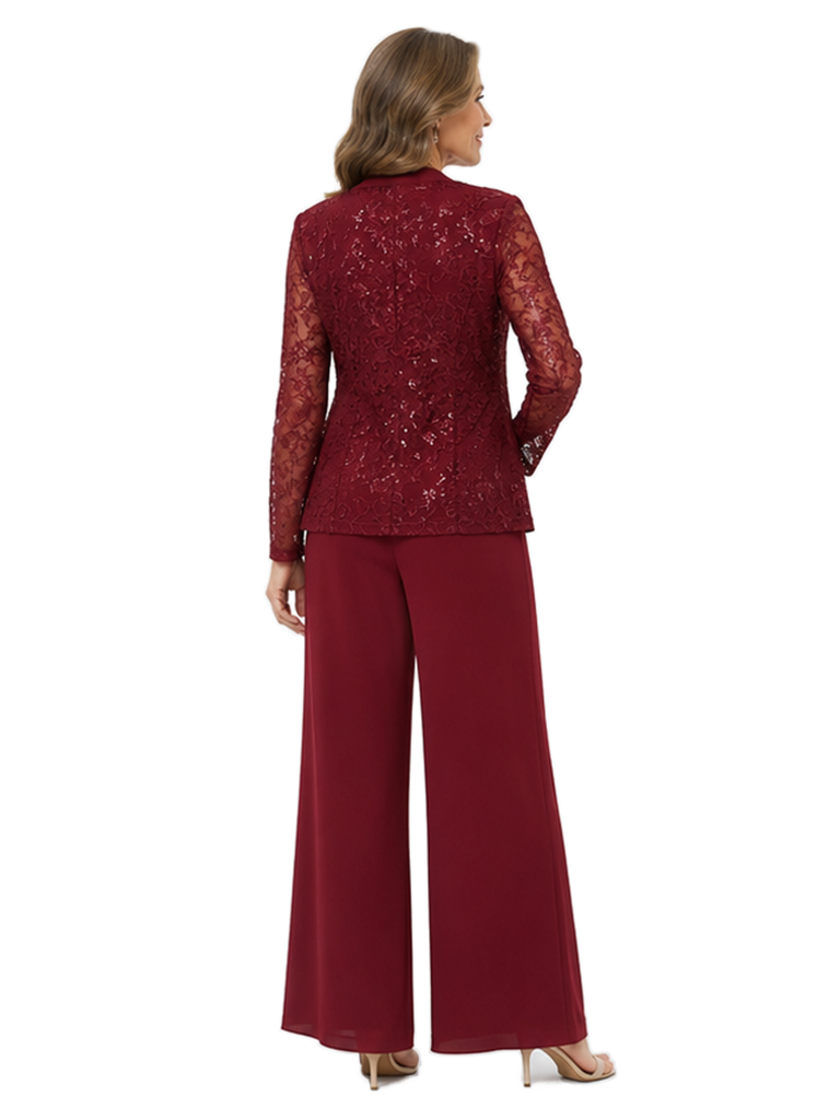 ChicSew Modern Chiffon Mother Of The Bride Pant Suit Three Piece Set Lace Jacket
