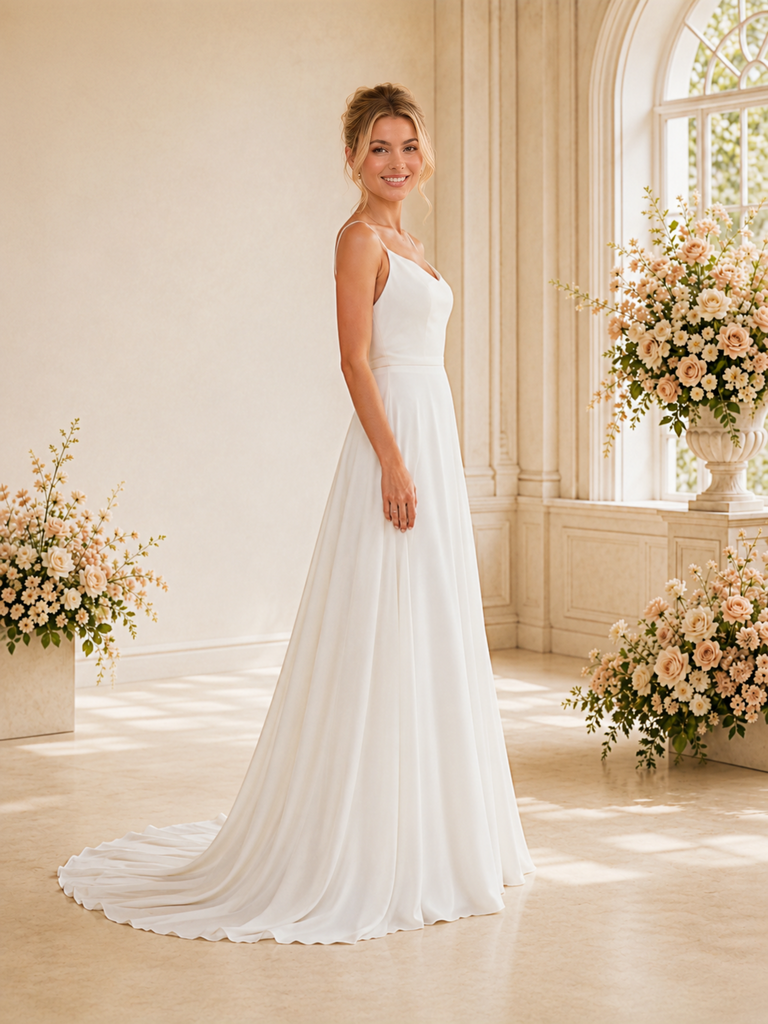 ChicSew Fancy V-Neck Spaghetti Straps A-Line Zipper Back Floor-Length Wedding Dress