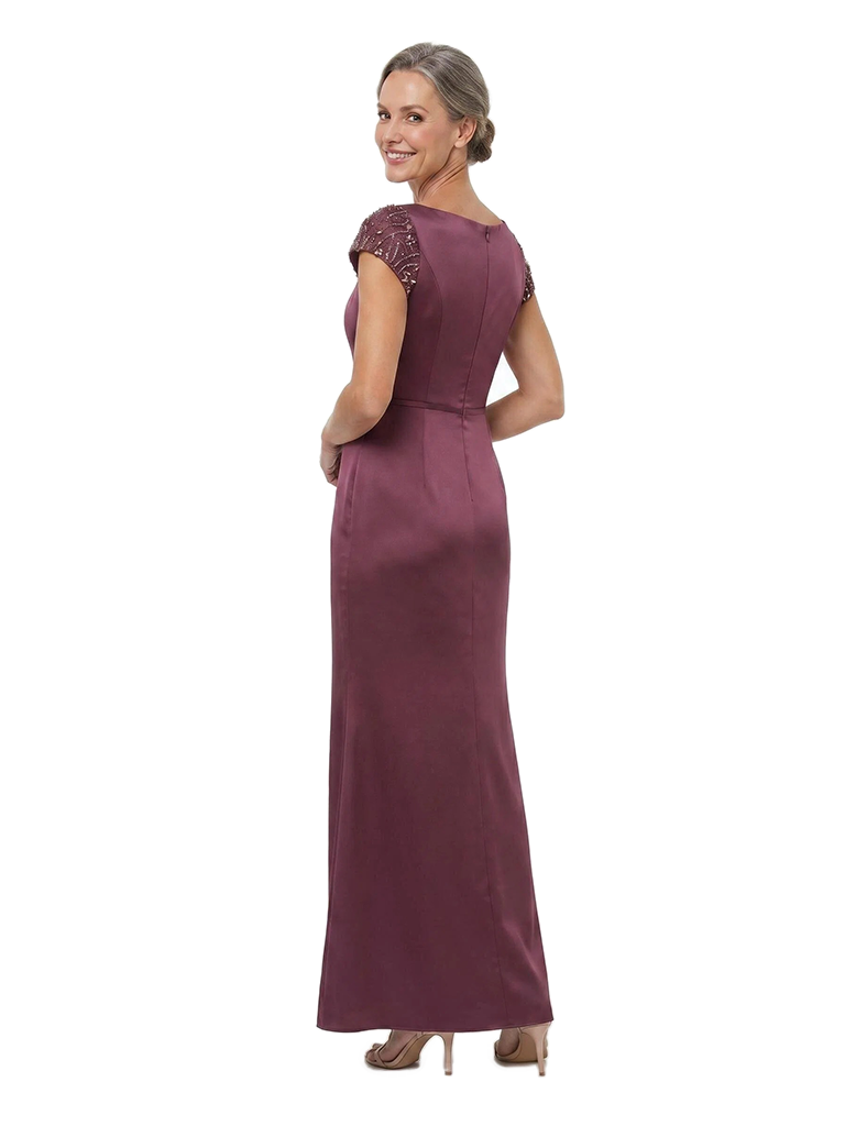 ChicSew Boat Neck Beaded Short Sleeve Mermaid Satin Long Mother Of The Groom Dresses