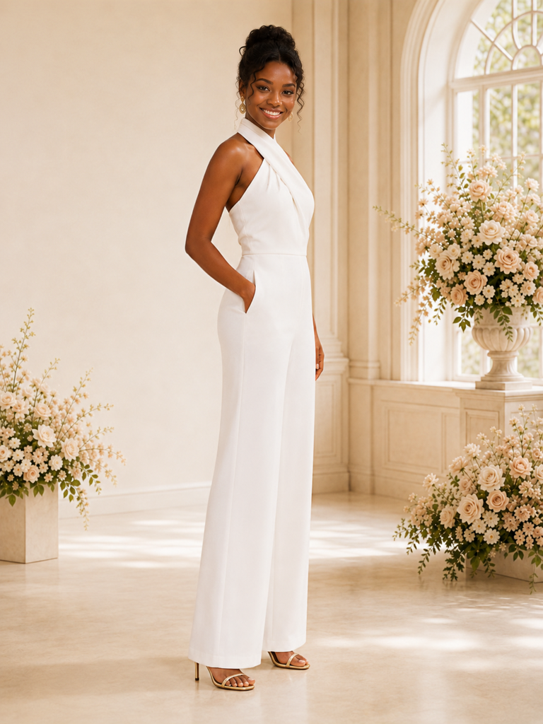 ChicSew Modern Halter Ruching Open Back Crepe Floor-Length Wedding Jumpsuit
