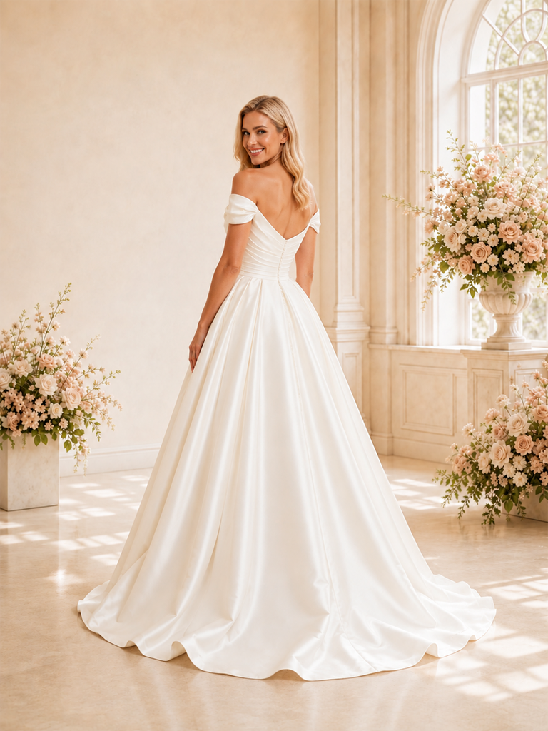 ChicSew Elegant Off The Shoulder A-line Ruched Satin Maxi Long Wedding Dresses