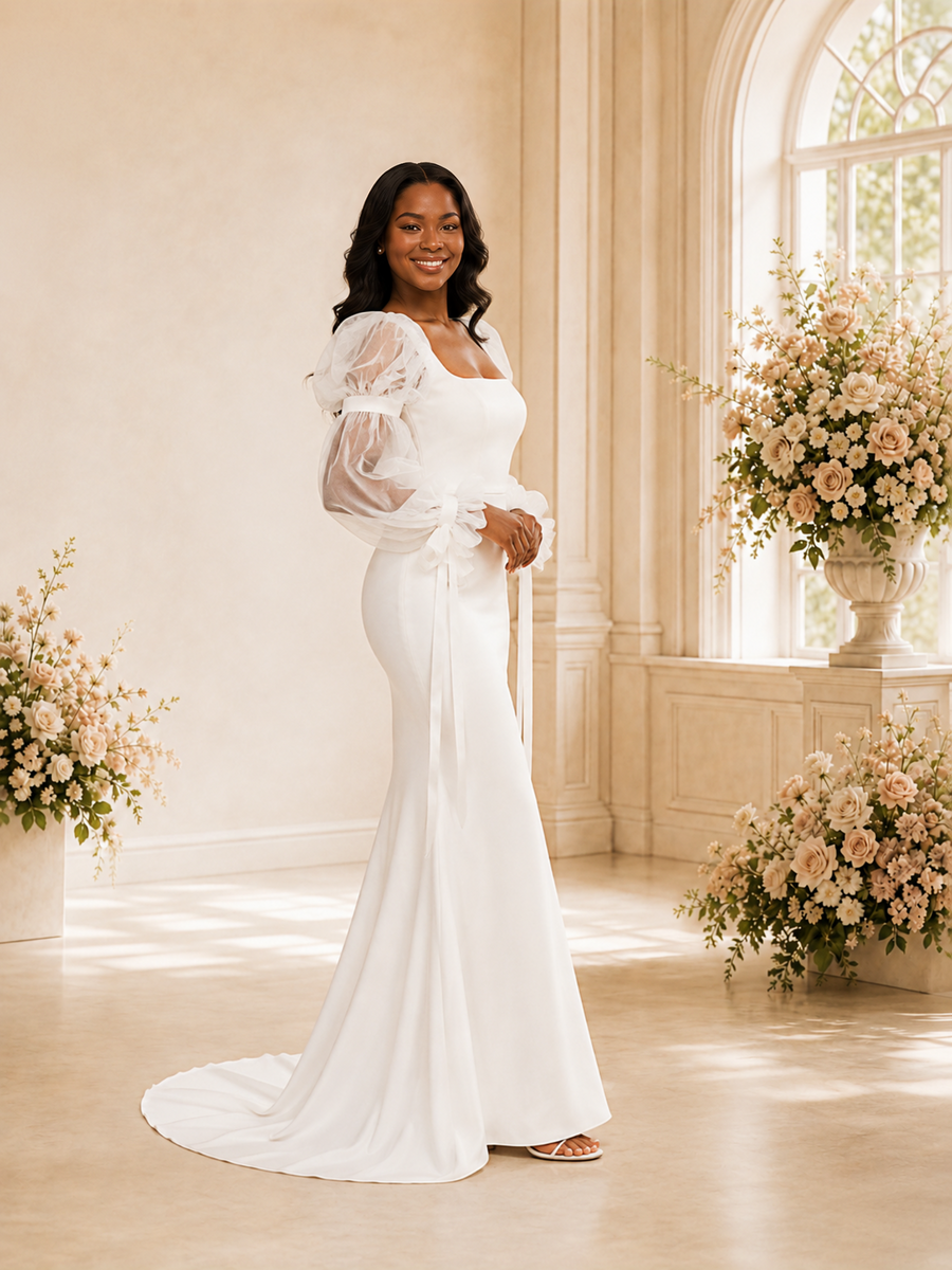 ChicSew Unique Square Neck Mermaid Crepe Long Puff Sleeves Maxi Wedding Dress