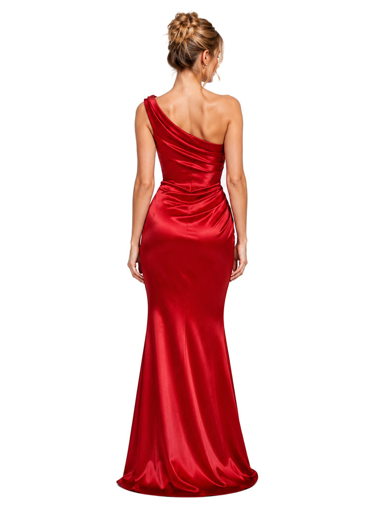 ChicSew One Shoulder Ruched Soft Satin Mermaid Floor Length Bridesmaid Dresses