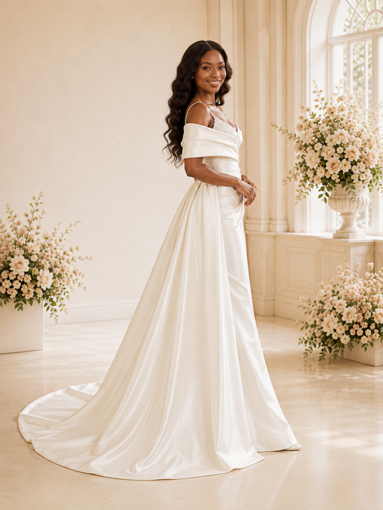 ChicSew Fancy Off The Shoulder Ruching Satin Mermaid Maxi Wedding Dress With Beading