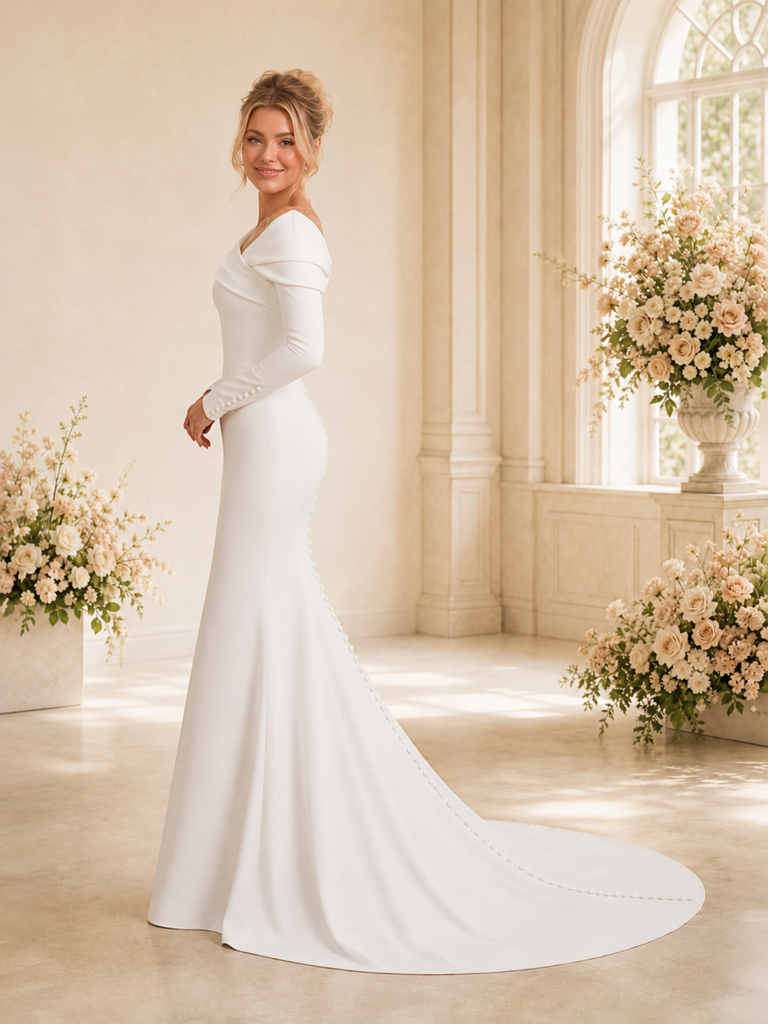 ChicSew Fancy Asymmetrical V-Neck Crepe Long Sleeves Mermaid Maxi Long Wedding Dress