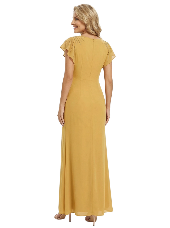 Elegant V-Neck Cap Sleeves Side Slit Mermaid Chiffon Mother Of The Bride Dress