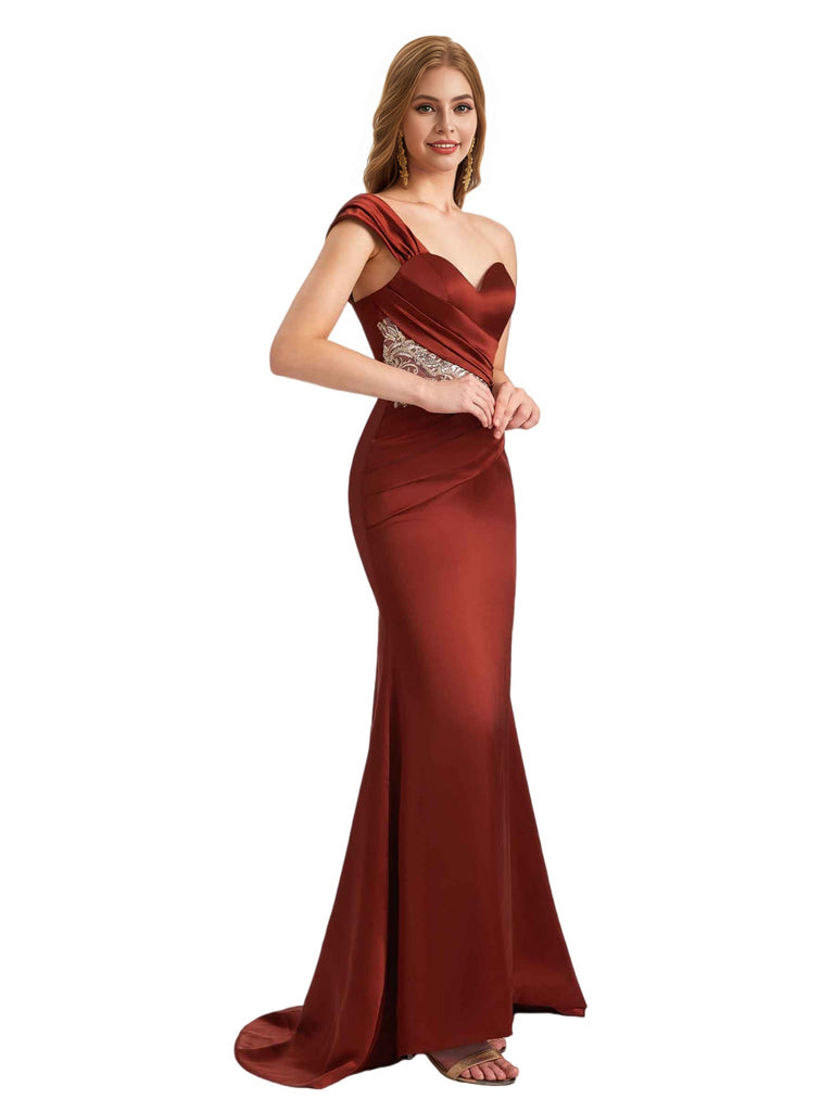 Elegant Lace Silky Satin One Shoulder Mermaid Floor Length Bridesmaid Dresses Online