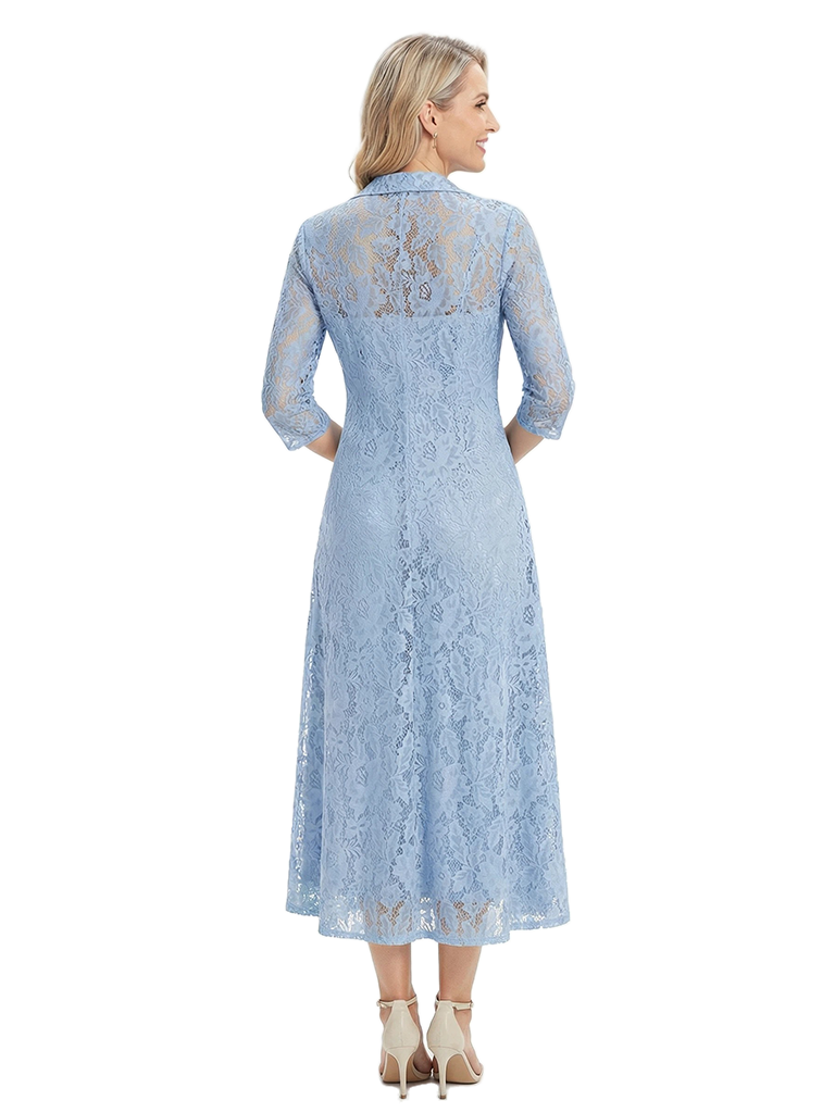 ChicSew V-Neck 3/4 Sleeve Embroidered Lace Ruched Waist Tea Length Chiffon Mother of the Bride Dresses With Jacket