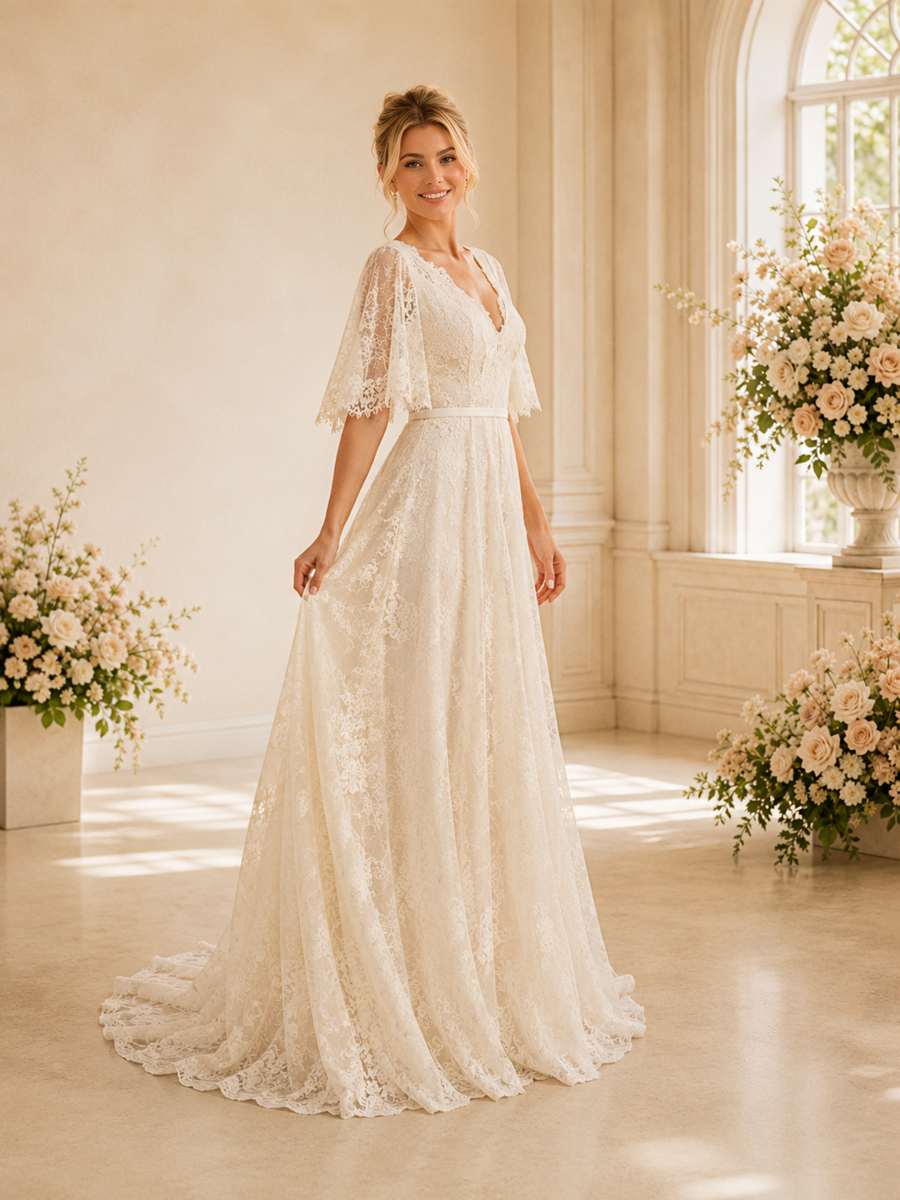 ChicSew Elegant V-Neck Half Sleeves Lace A-Line Floor-Length Wedding Dresses Online