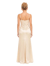 ChicSew V-Neck Spaghetti Straps Ruched Mermaid Long Satin Slip Bridesmaid Dresses