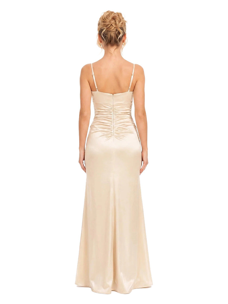ChicSew V-Neck Spaghetti Straps Ruched Mermaid Floor Length Satin Bridesmaid Dresses