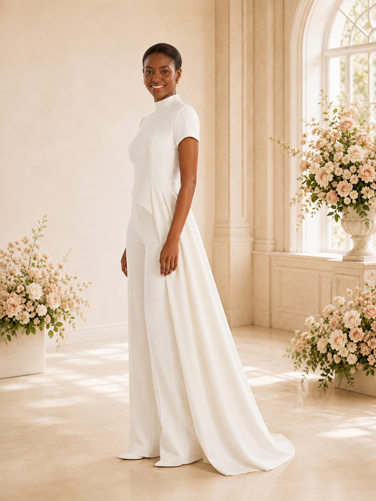 ChicSew Unique High Neck Short Sleeves Crepe Floor-Length Wedding Jumpsuit