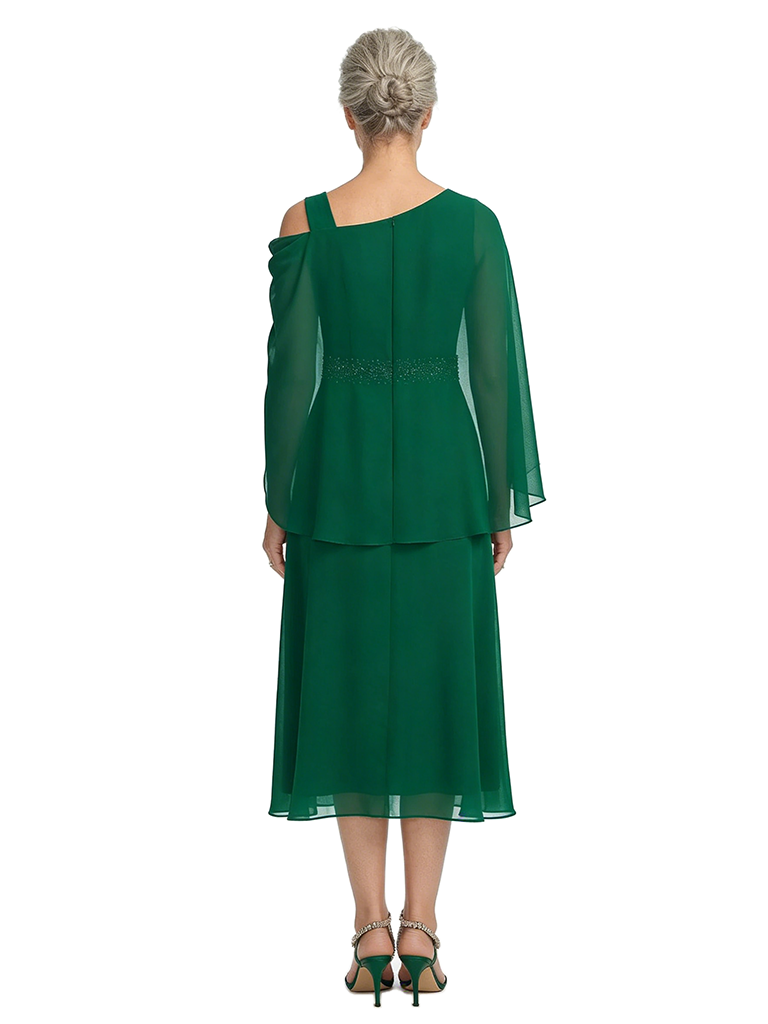 ChicSew Asymmetric Cape Sleeve Tea-Length Chiffon Mom Of The Groom Dresses