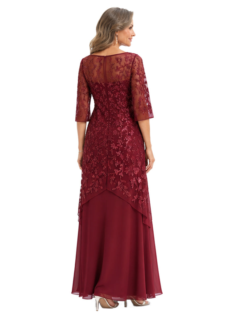 ChicSew Elegant Illusion Half Sleeve Lace Applique Chiffon Mother Of The Groom Dress