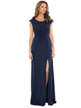 Elegant Chiffon A-Line Cap Sleeves Lace Beaded Side Slit Long Mother of The Bride Dresses