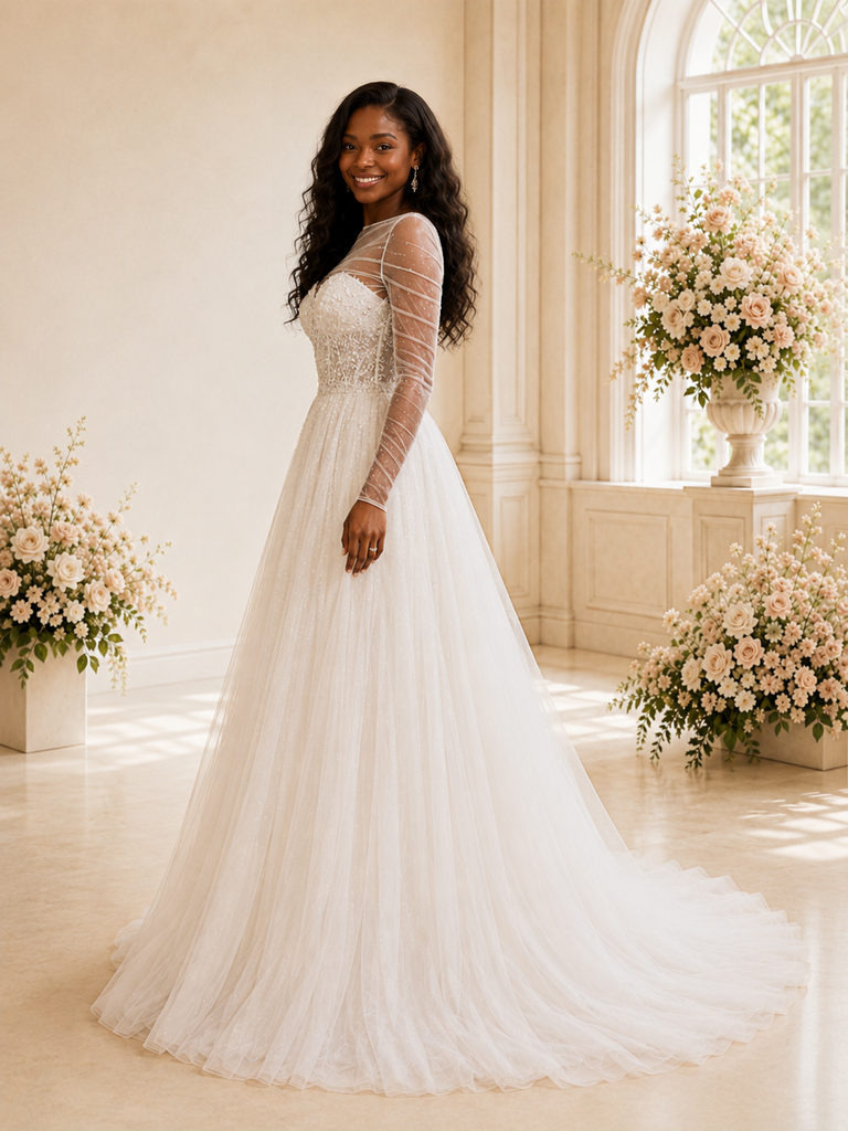 ChicSew Elegant Long Sleeves Tulle Lace A-Line Maxi Wedding Dress With Beading