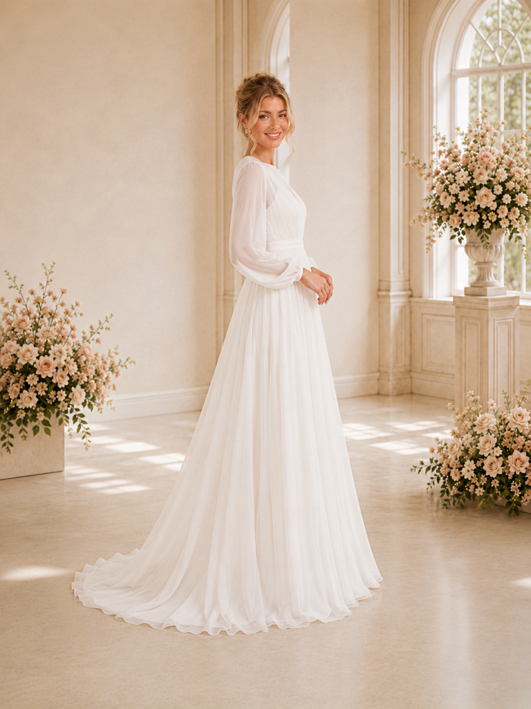 ChicSew Simple Bateau Long Sleeves Chiffon A-Line Floor-Length Wedding Dresses