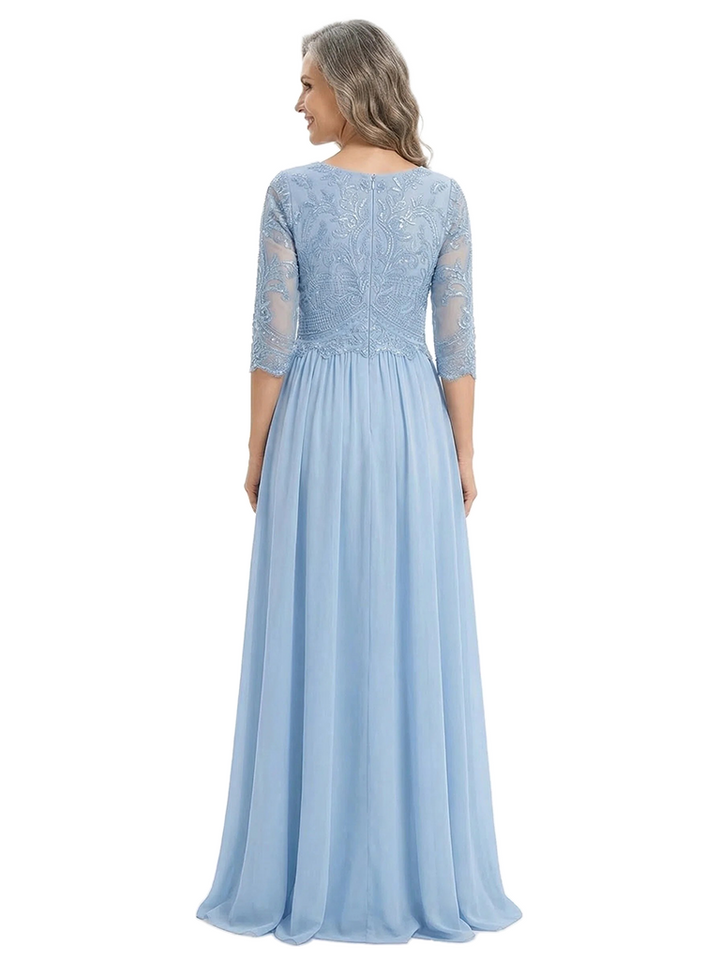 ChicSew Round Neck 3/4 Sleeve Beaded Lace Applique Ruched Waist Floor Length Chiffon Fancy Mother of the Bride Dresses