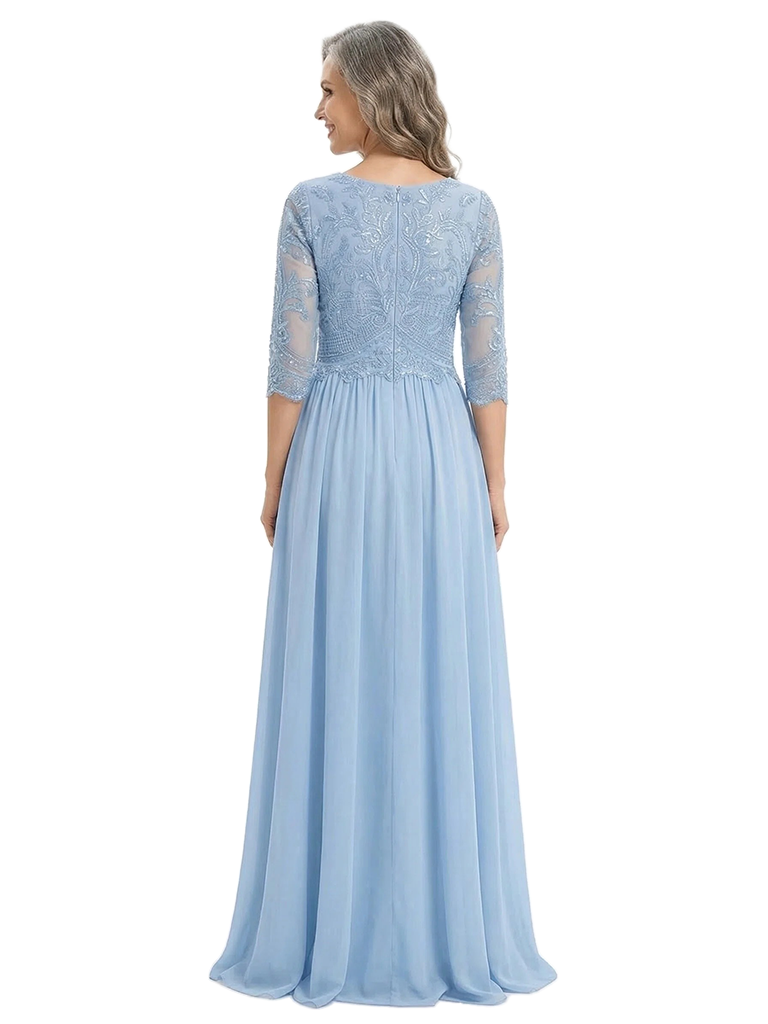 ChicSew Round Neck 3/4 Sleeve Beaded Lace Applique Ruched Waist Floor Length Chiffon Fancy Mother of the Bride Dresses
