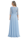 ChicSew Round Neck 3/4 Sleeve Beaded Lace Applique Ruched Waist Floor Length Chiffon Fancy Mother of the Bride Dresses