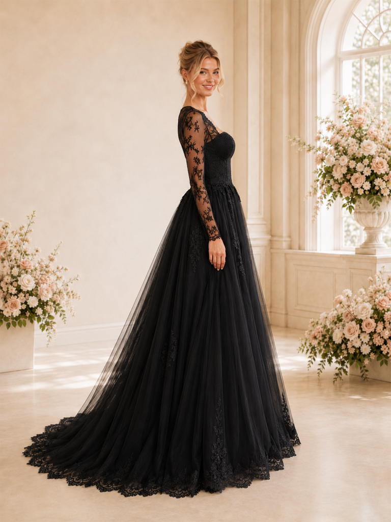 ChicSew Unique Sweetheart Lace Tulle Long Sleeves A-Line Maxi Long Wedding Dresses