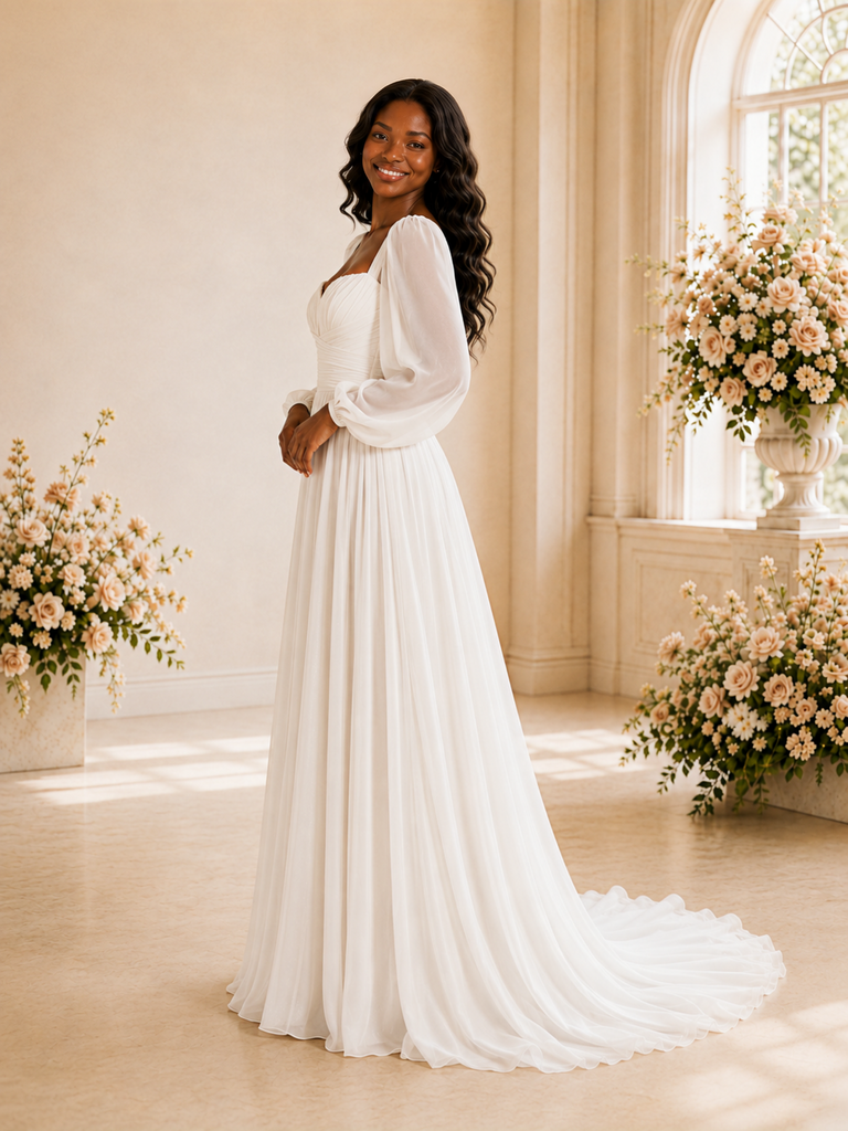 ChicSew Elegant Sweetheart Long Sleeves Pleats Chiffon A-Line Maxi Wedding Dress