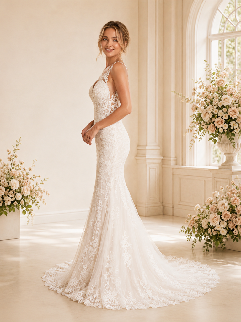 ChicSew Romantic Spaghetti Straps V-Neck Tulle Lace Appliques Maxi Wedding Dress