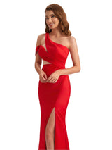 Sexy Silky Satin One Shoulder Mermaid Side Slit Unique Long Bridesmaid Dresses Online
