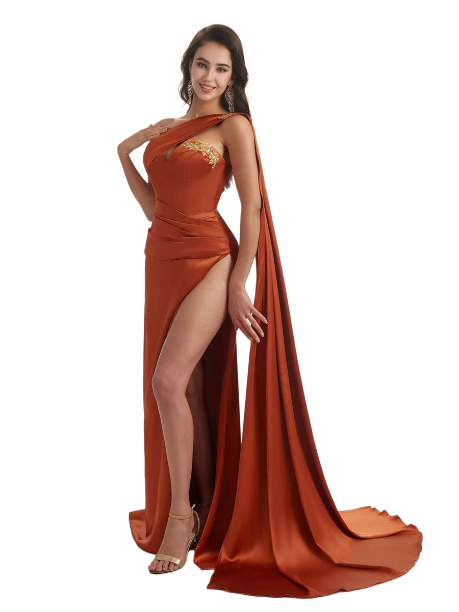 Unique One Shoulder Lace Mermaid Silky Satin Long Bridesmaid Dresses Side Split